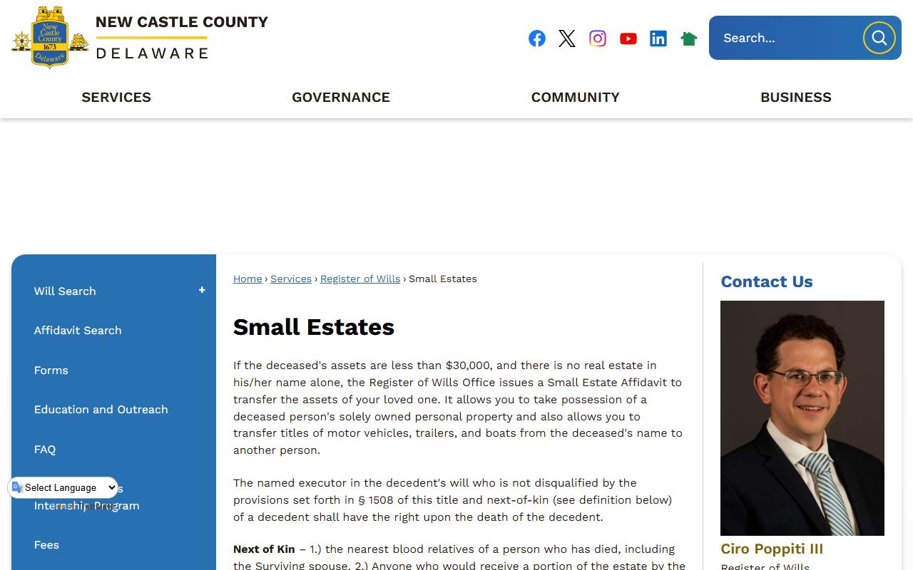 New Castle County portal page for Wilmington divorce decree records