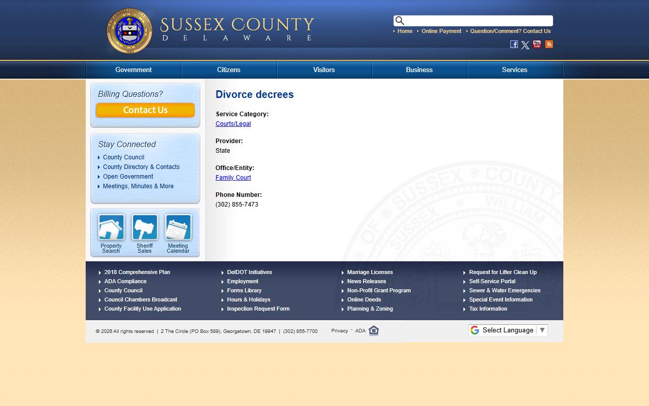 Sussex County Delaware divorce decrees info page