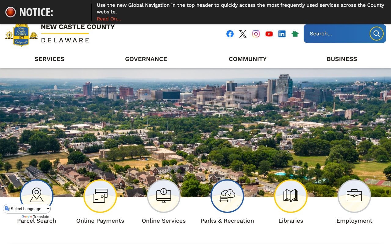 New Castle County government main page for Delaware