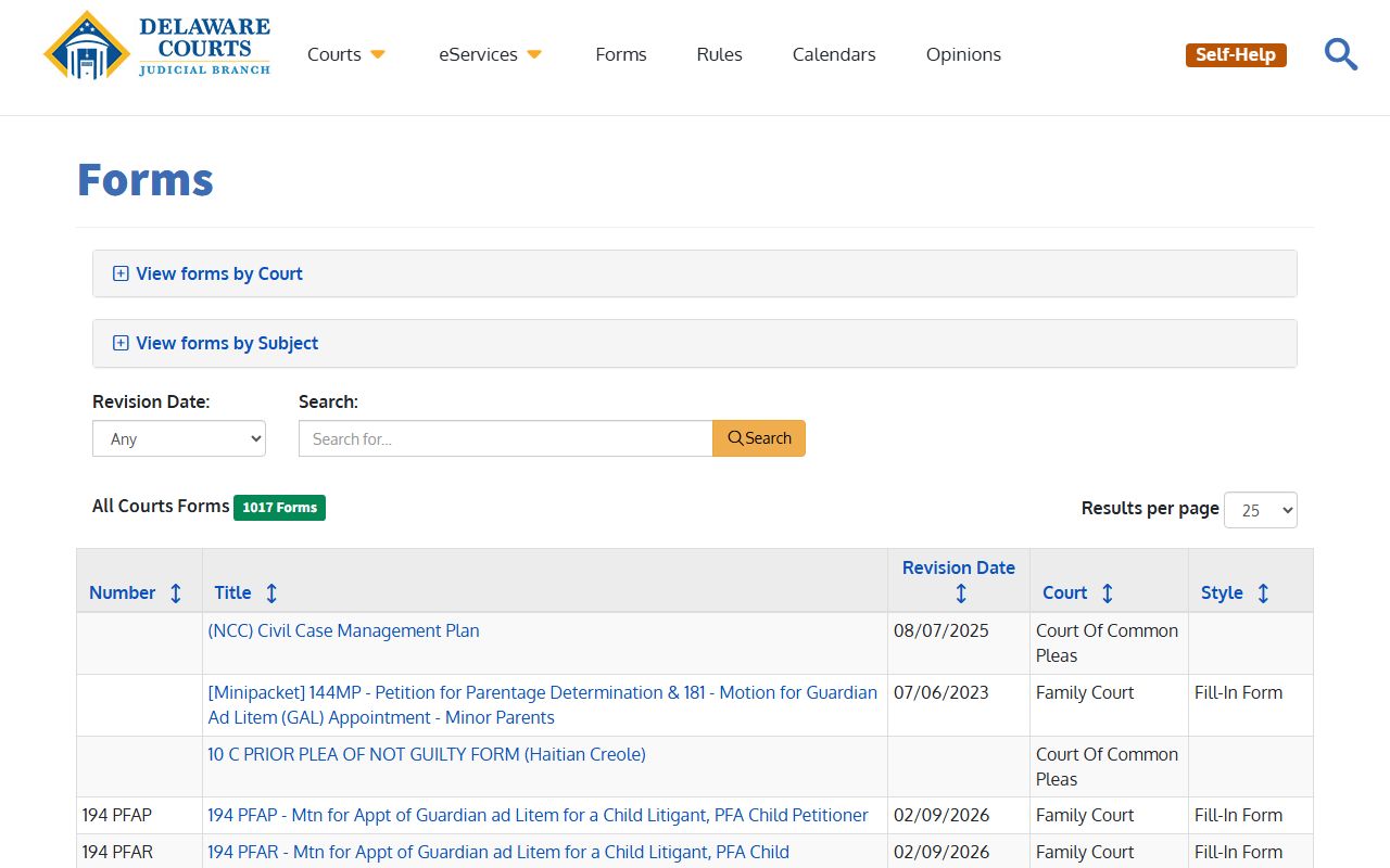 Delaware Court forms download page for divorce and other cases