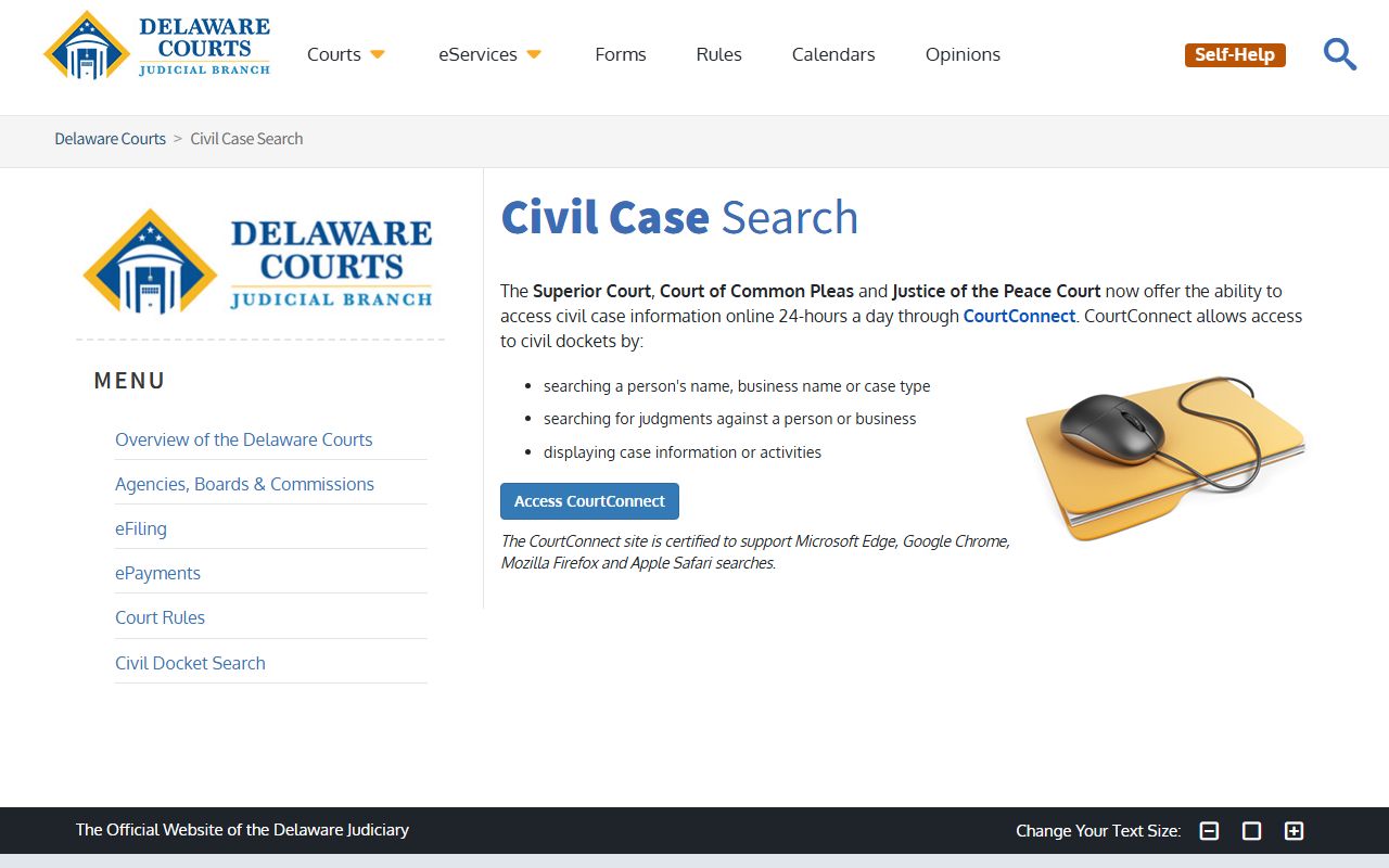 Delaware CourtConnect civil case search portal