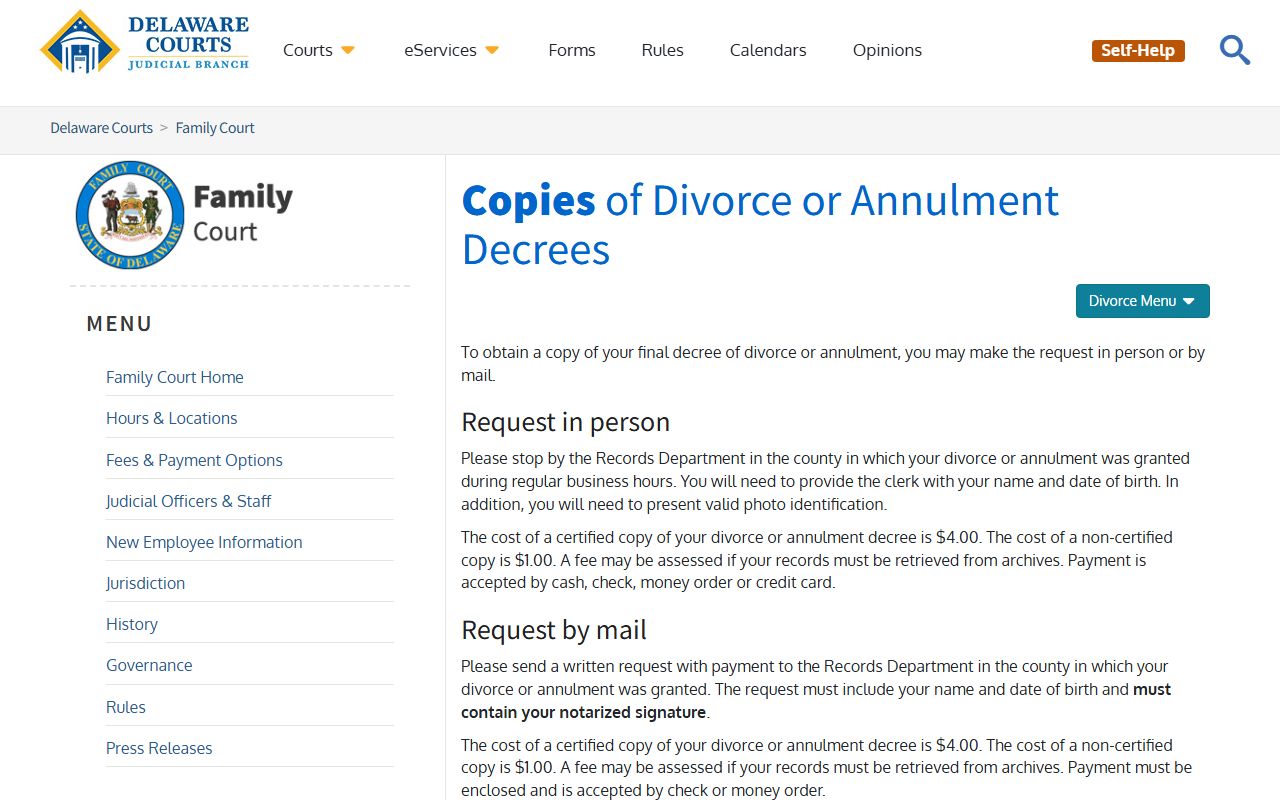 Delaware Family Court decree copies instructions page
