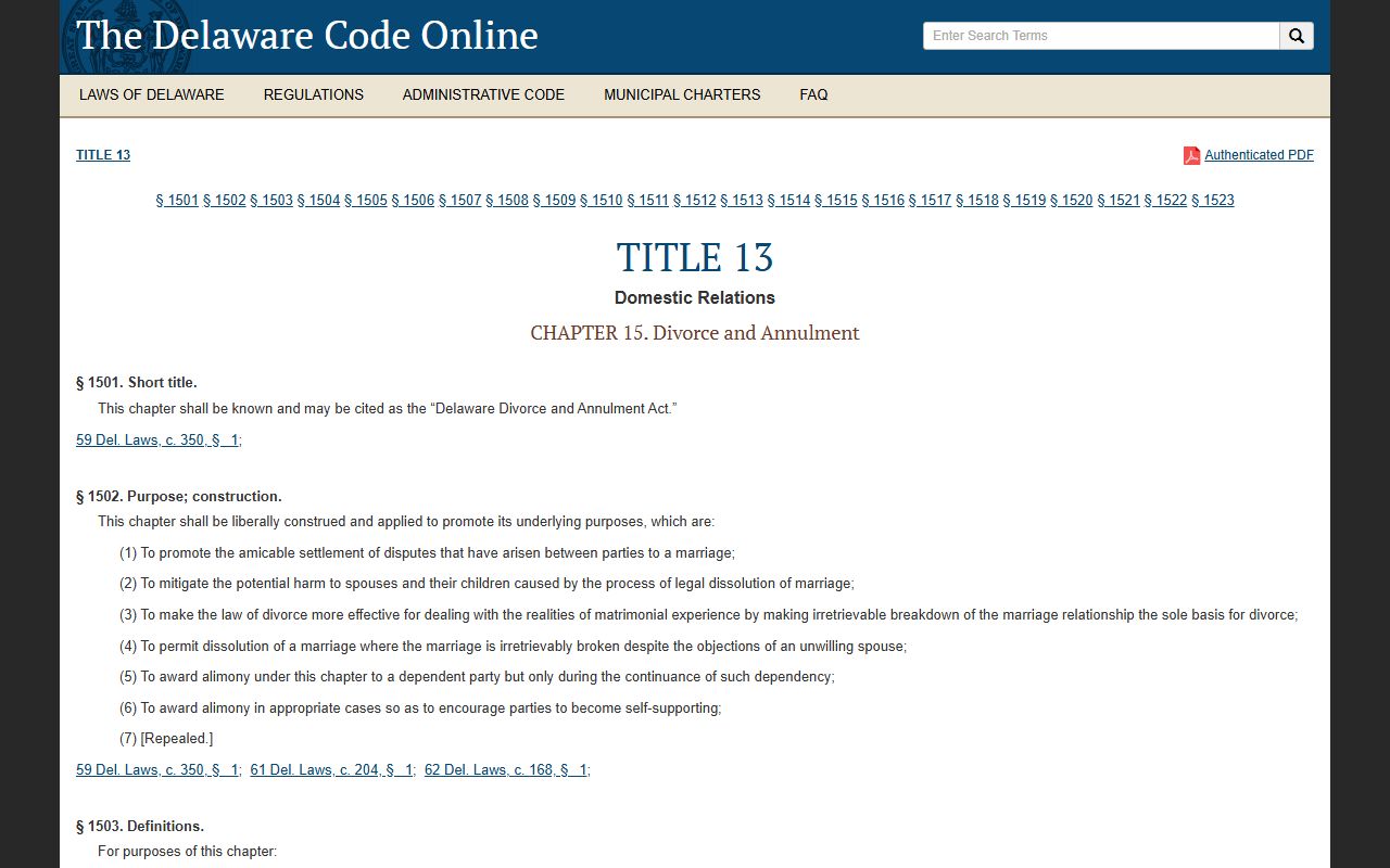 Delaware Code Title 13 Chapter 15 divorce statutes