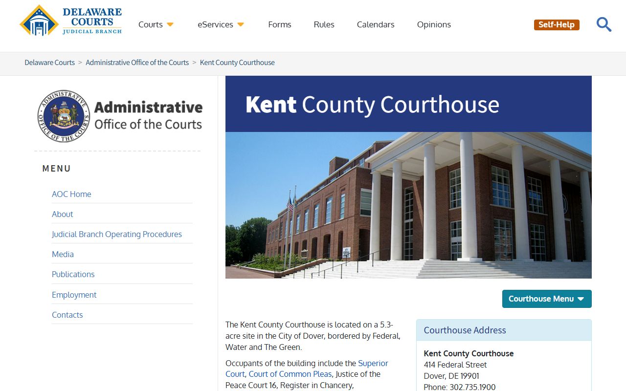 Kent County Courthouse information page for Delaware courts