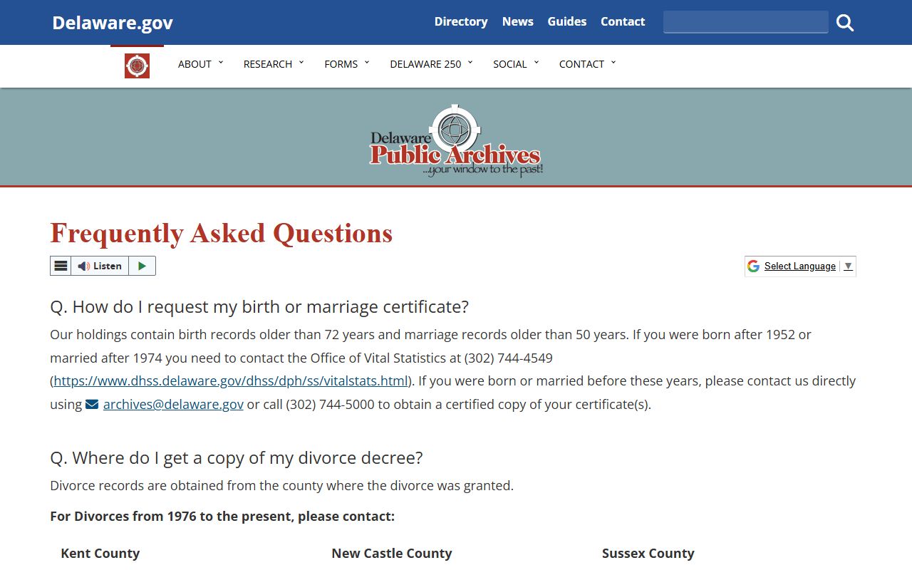 Delaware Public Archives FAQ for historical divorce records