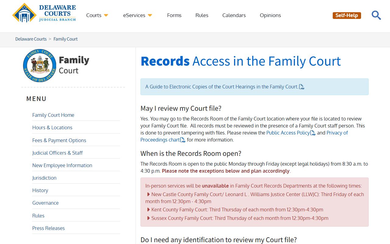 Delaware Family Court records access policy page