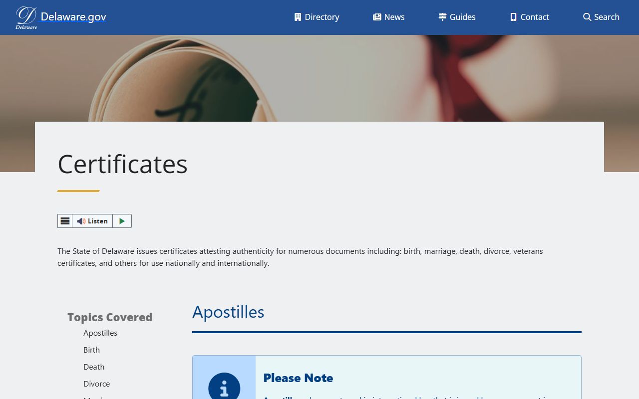 Delaware state guide to certificates including divorce records