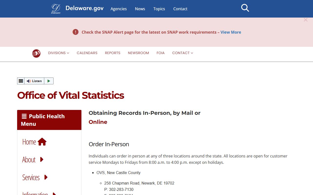 Delaware Division of Public Health Office of Vital Statistics